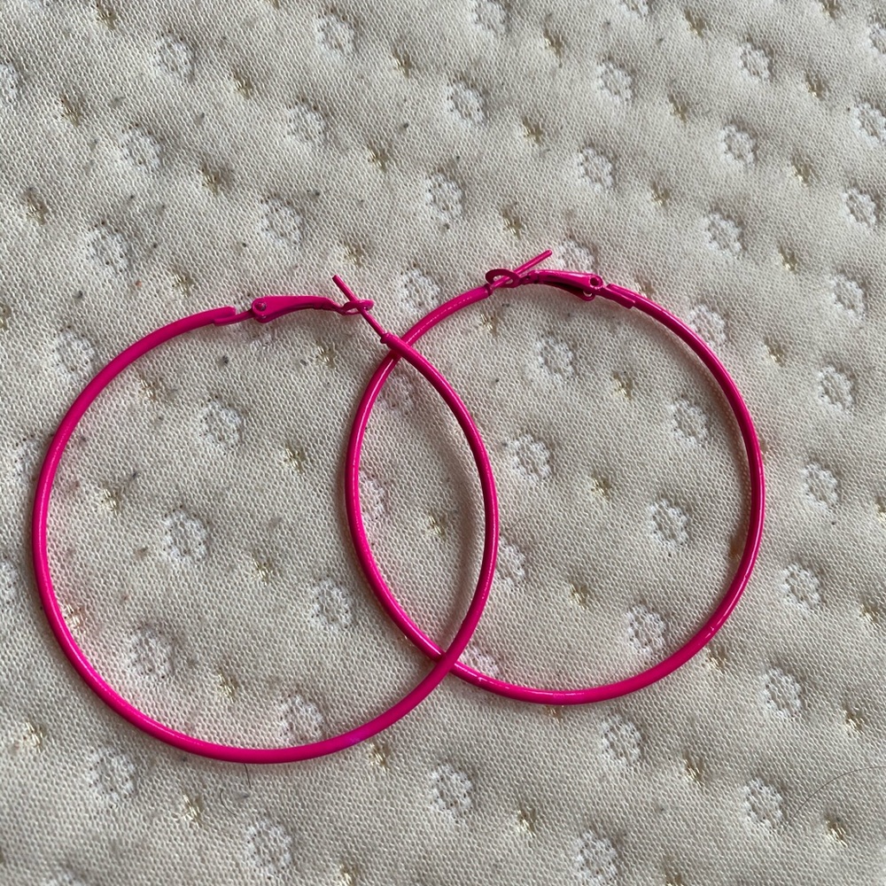 Bright Pink Hoop Earrings - Medium Hoops EUC Neon Barbie Pink